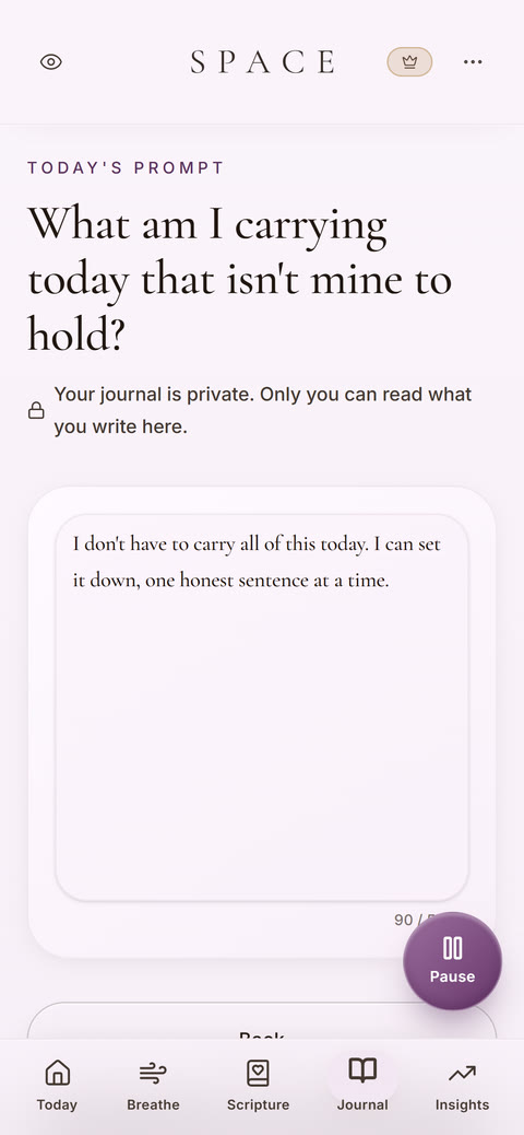 SPACE Journal screen with today's prompt: What am I carrying today that isn't mine to hold?